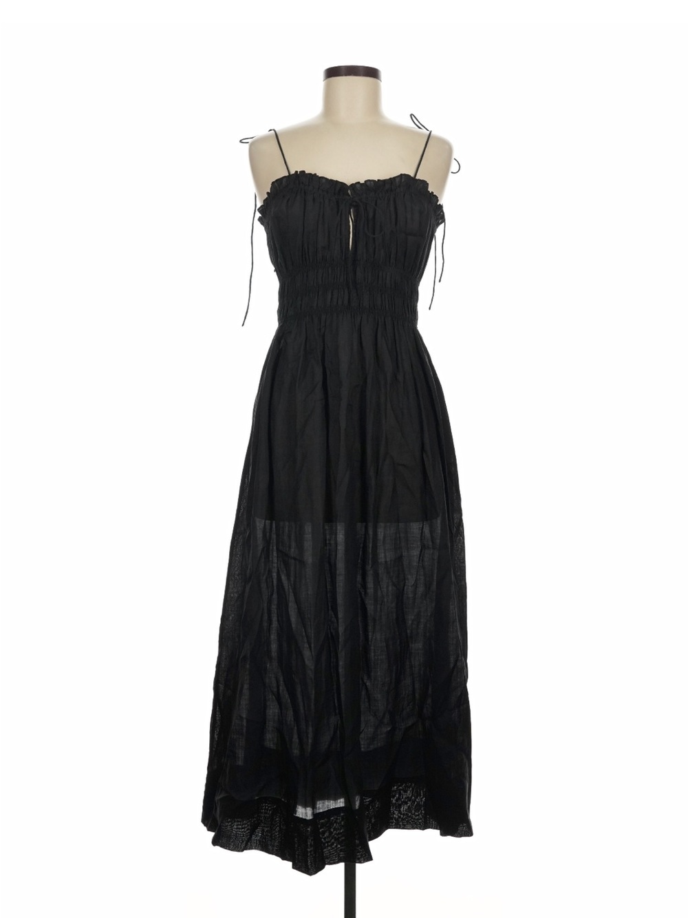 Doen Black Smocked Ramie Midi Dress with Tie Spaghetti Straps